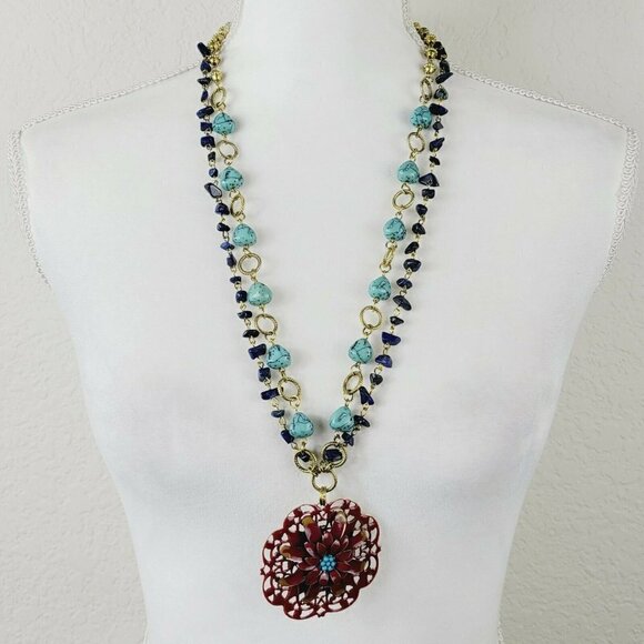 Bohemian Gypsy Style Necklace Double Strand Gold Tone Large Enamel Flower Focal - Picture 2 of 11